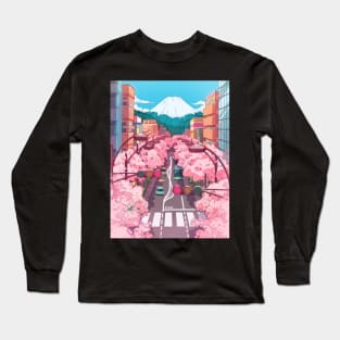 The Japanese Mount Fuji view and the pink spring in the city Long Sleeve T-Shirt